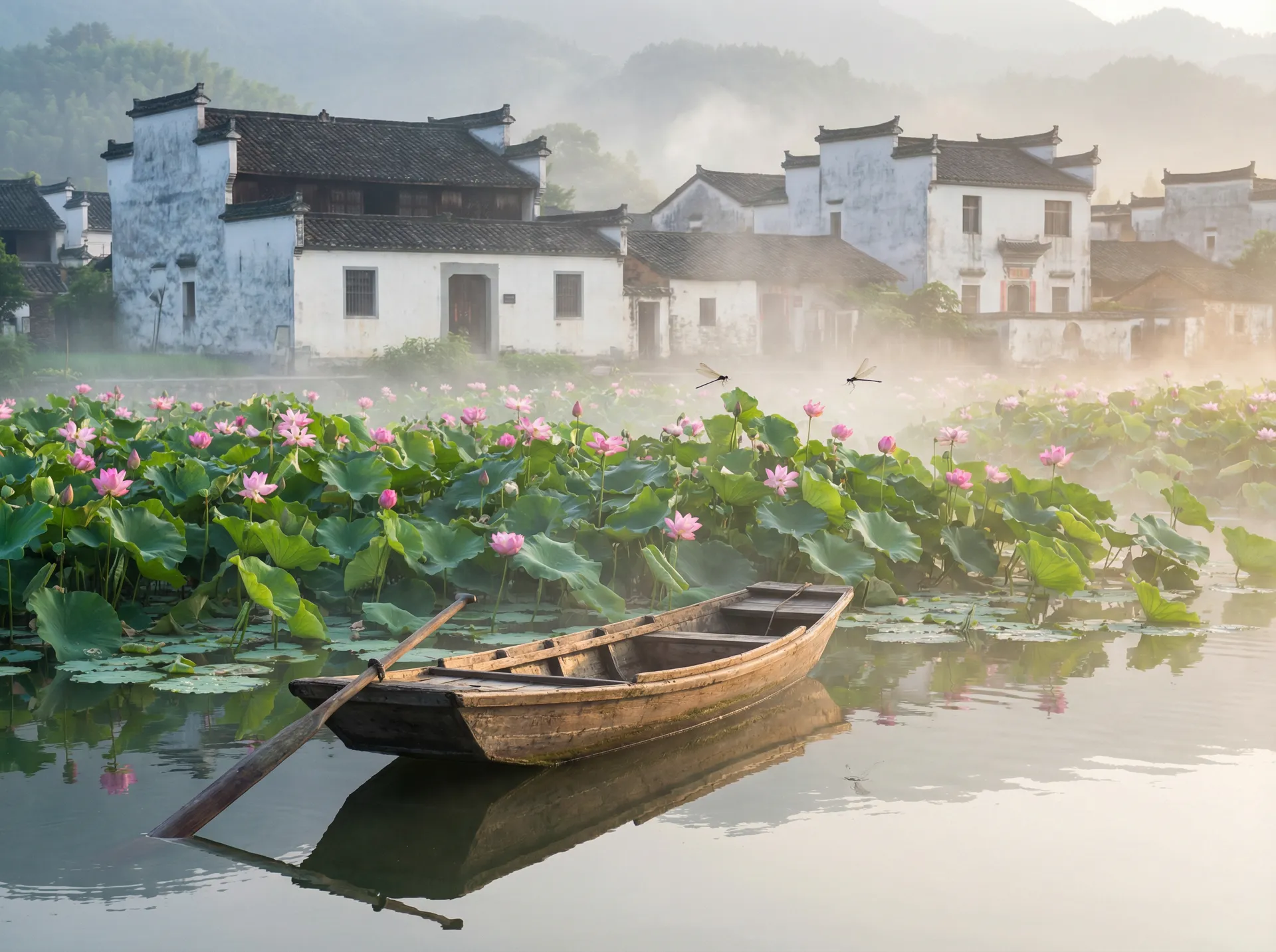清晨荷塘小舟，粉色荷花盛开，白墙黑瓦的村庄 - 鲜时光tv 水乡风情